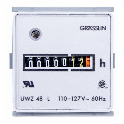 The 240V 50Hz 1VA FLUSH MOUNT W/BRACKET There is no mistaking a Grasslin by Intermatic UWZ Series AC Hour Meter. The non-resettable meters meet the IP20 environmental rating for indoor applications and come standard with an accurate synchronous motor. All models have the trademark light gray color with white numerals on black background and yellow tenths and hundredths numerals. An orange dial adjacent to the hundredths digit provides running indication.