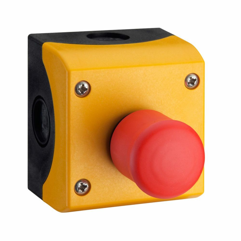 M22 Assembled One Element Control Station, 22.5 mm, 40 mm push-pull mushroom head, Maintained, Illuminated, Light: Red, NO-NC, IP66, UL (NEMA) Type 4X, 13, 85-264V, Horizontal, Base: Black, Enclosure: Yellow
