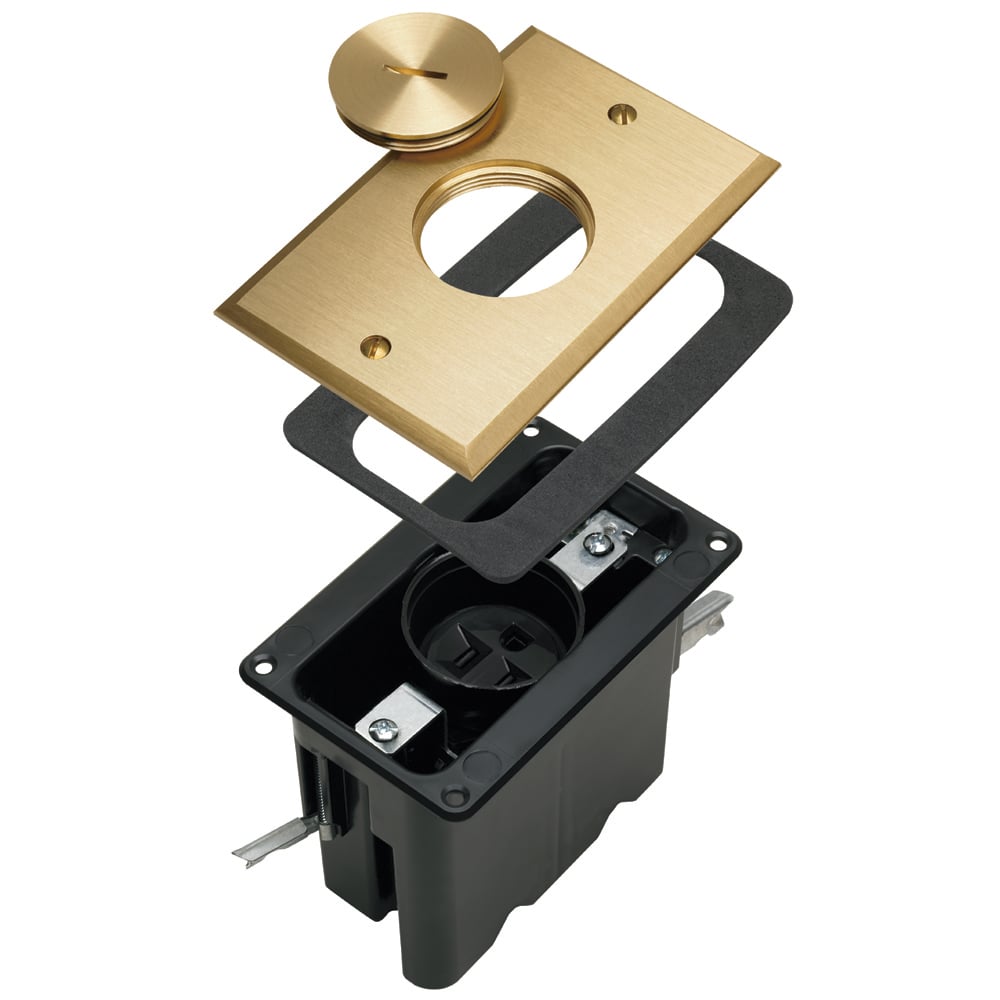 Tamper-Resistant One Gang Floor Box Assembly. Single threaded screw plug. Includes 15 amp, 120 volts tamper-resistant single receptacle. Brass.