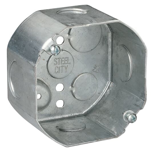 Octagon Box, 22.5 Cubic Inches, 4 Inch Diameter x 2-1/8 Inches Deep, 1/2 Inch and 3/4 Inch  Knockouts, Red, Pre-Galvanized Steel, Drawn Construction, For use with Conduit