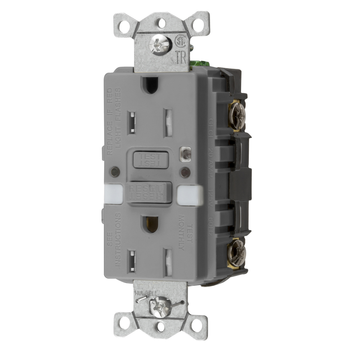 Power Protection Products, Receptacles, GFCI, Commercial Grade, Self Test, 15A 125V, 2-Pole 3-Wire Grounding, 5- 15R, With Nightlight, Gray