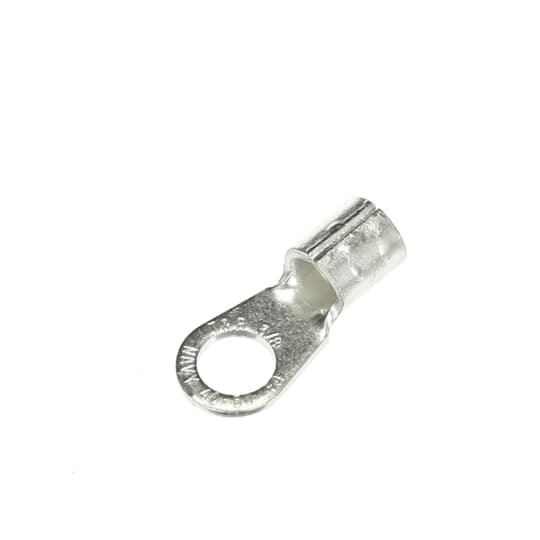 Non-Insulated Large Brazed Seam Ring Terminal, Length 1.35 Inches, Width .60 Inches, Bolt Hole 3/8 Inch, Wire Range #4 AWG, Copper, Tin Plated, 20 Pack
