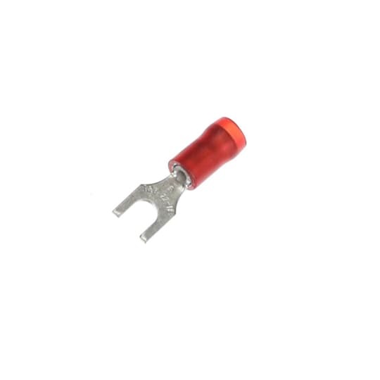 Nylon Insulated Fork Terminal, Length .83 Inches, Width .25 Inches, Maximum Insulation .136, Bolt Hole #6, Wire Range #22-#16 AWG, Color Red, Copper, Tin Plated