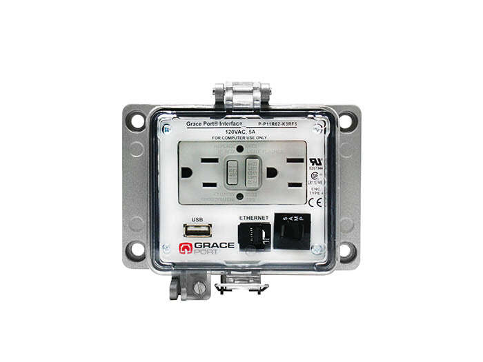 Panel Interface Connector with USB Type A/F to USB Type A/M , Category 6 Ethernet Bulkhead , Panel Mount Housing (5.08 in x 3.54 in), UL Type 4, Domestic GFCI Inside-Outside Rear Duplex Outlet, 5 Amp Circuit Breaker