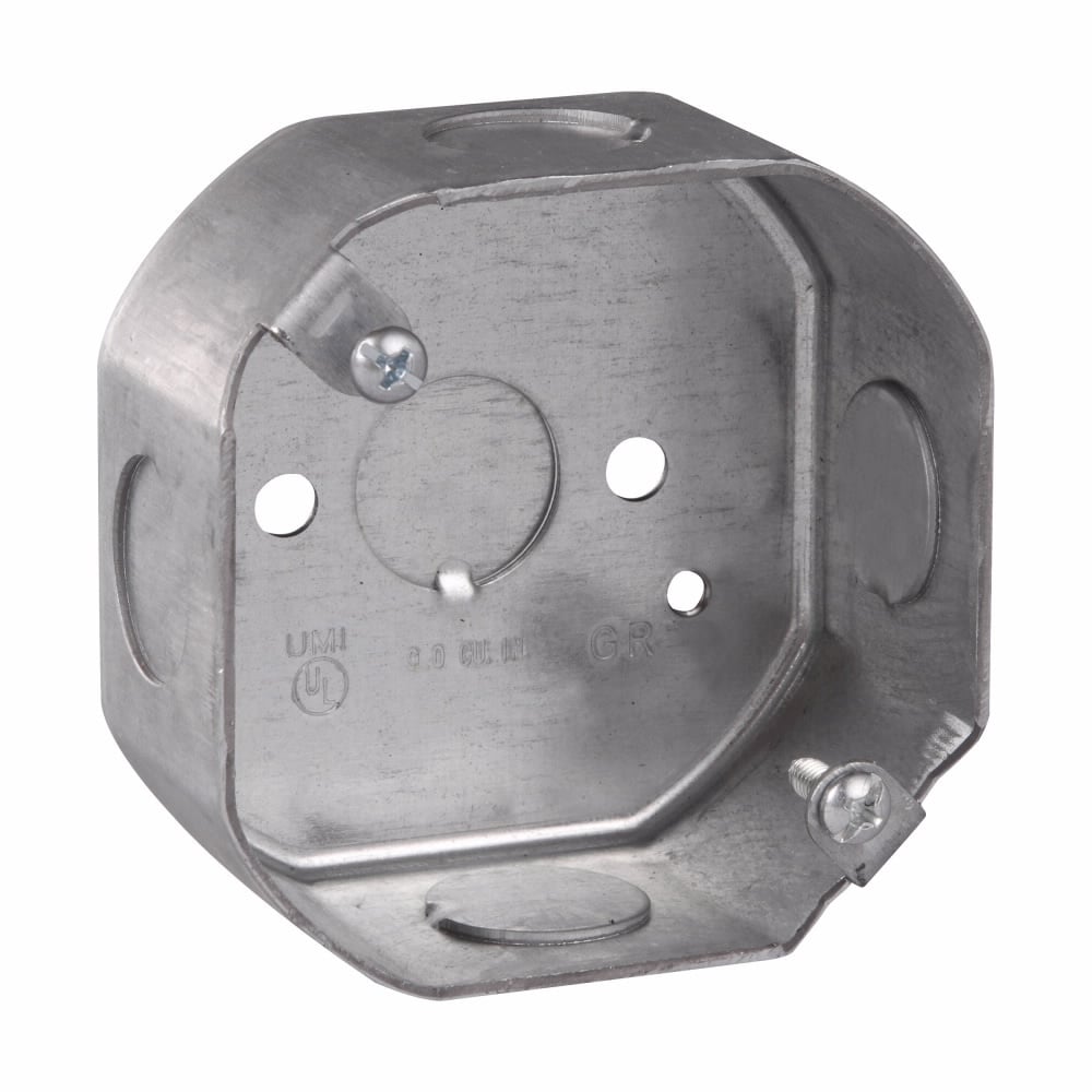 Eaton Crouse-Hinds series Octagon Outlet Box, (1) 1/2", 3-1/4", Conduit (no clamps), 1-1/2", Steel, (4) 1/2", Fixture rated, 9.0 cubic inch capacity