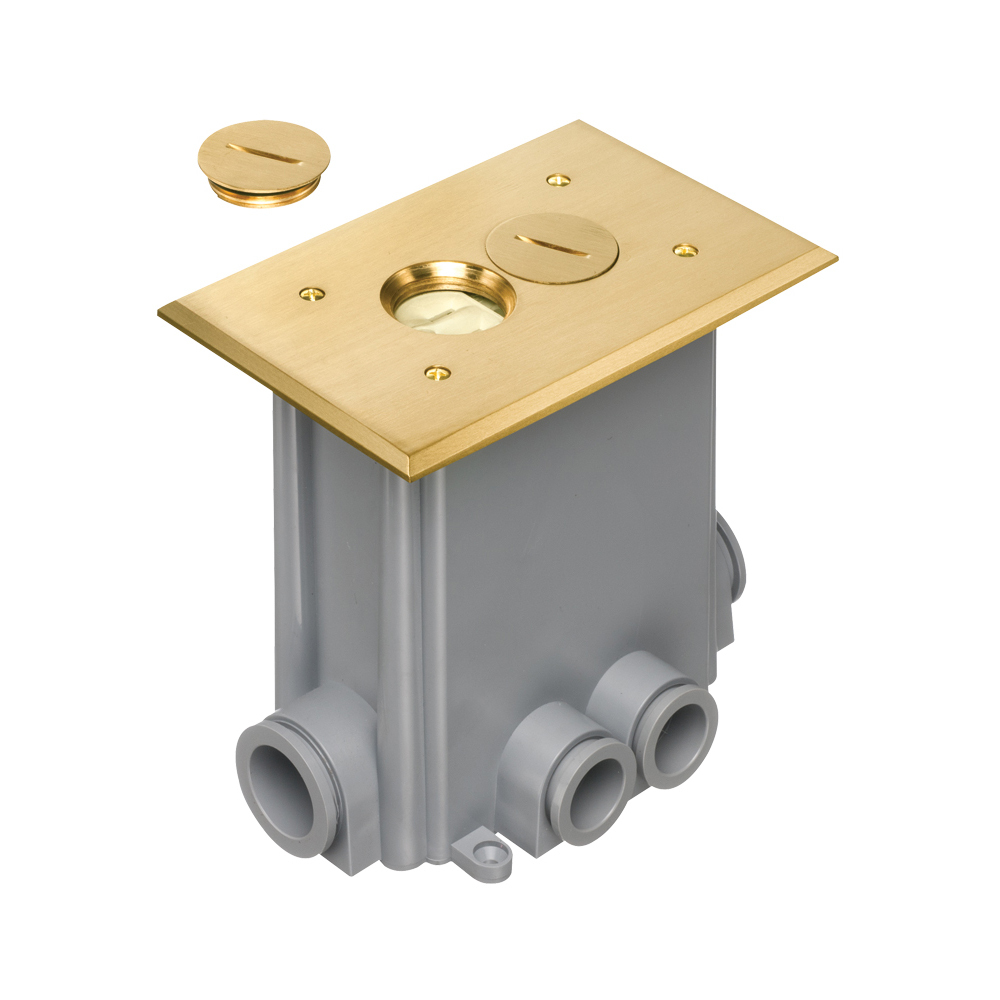 Metallic concrete floor box with non metallic covers for new concrete pours. Brass with Threaded plugs. Includes Box, Mud Cover, Four 3-1/4 plugs, two 1" plugs, 1/8" spacer 1/4" spacer. one 1/2" spacer, one 3/4" spacer, Mounting bracket, Duplex receptacle, Gasketed cover plate.