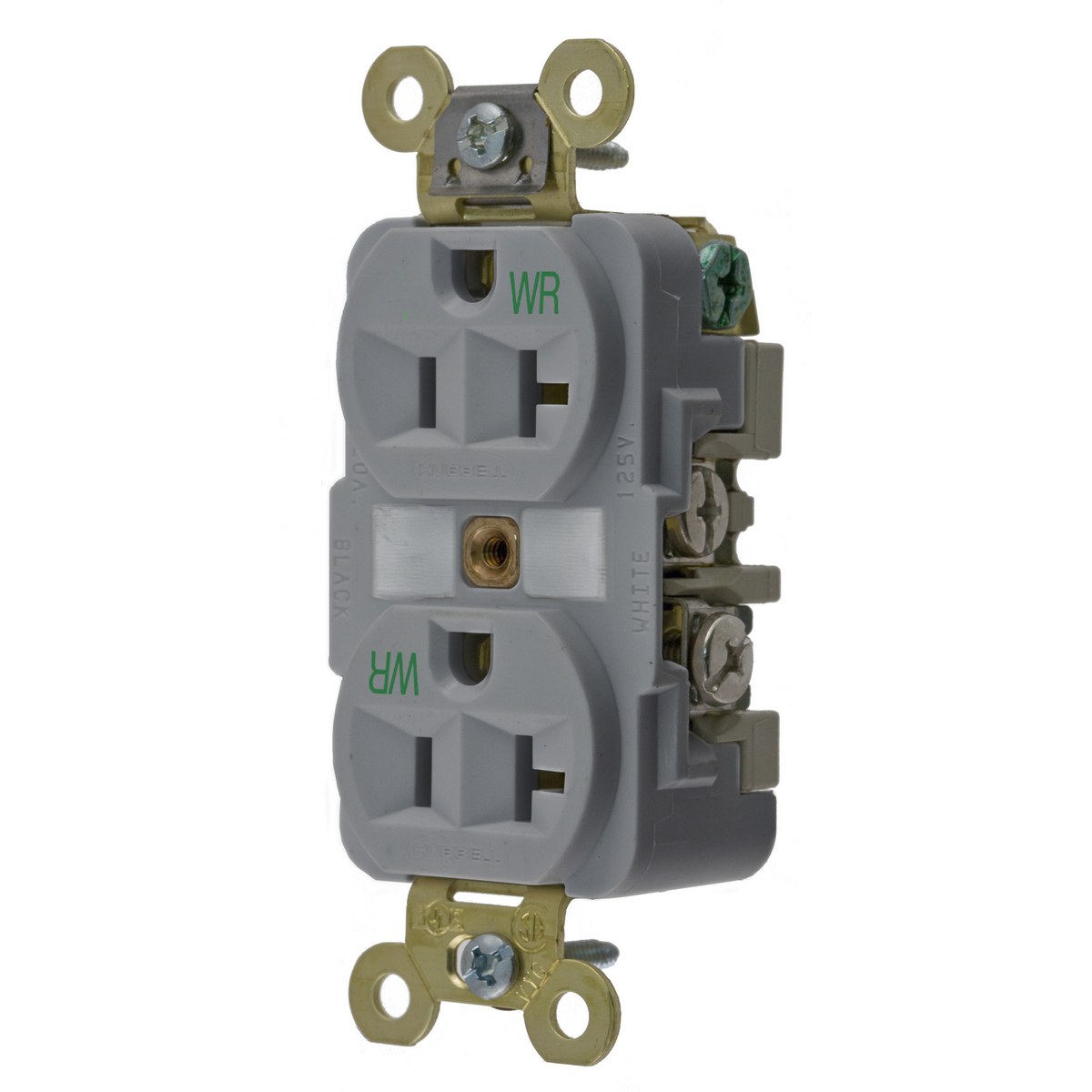 Straight Blade Receptacle, Weather Resistant,Duplex, Industrial Grade, 2-Pole 3-Wire Grounding, 20A 125V, 5-20R