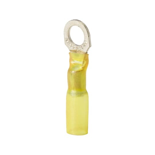 Heat Shrinkable Ring Terminal, Length 1.34 Inches, Width .37 Inches, Maximum Insulation .250, Bolt Hole #8, Wire Range #12-#10 AWG, Color Yellow, Copper, Tin Plated