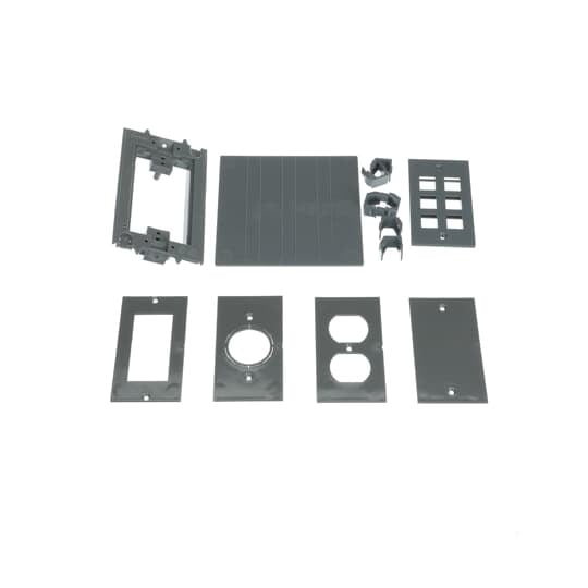 Rectangular Floor Box Adapter Kit, Gray, Non-Metallic, 1 Yoke/Activation Ring, 1 Divider, 1 Gasket, Competitive Cover, 1 Hardware Kit, 1 Blank Plate, 1 Duplex Plate, 1 GFCI Plate, 1 Single Receptacle Plate, 1 Low Voltage Plate (6 Ports)