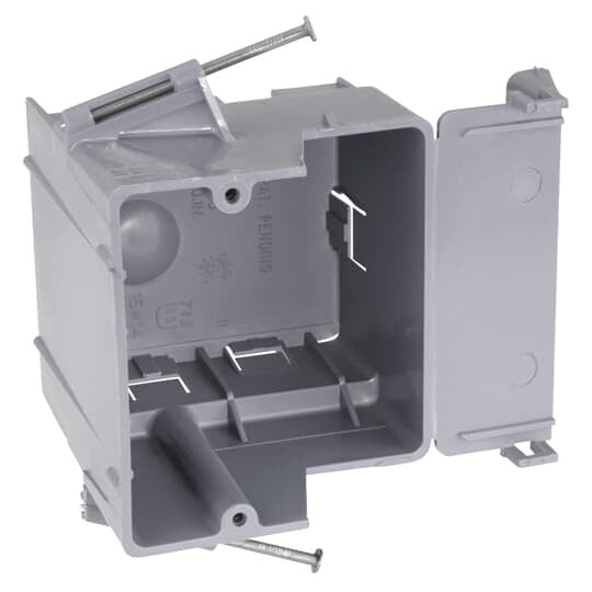 One-Gang Nail-On New Work Box, Volume 30 Cubic Inches, Length 3-11/16 Inches, Width (Opening) 2-5/16 Inches (Overall) 3-7/8 Inches, Depth 3-5/8 Inches, Color Blue, Material PVC, Mounting Means Recessed Angled Nails, with Large Knockouts for #6 or #8 Cable