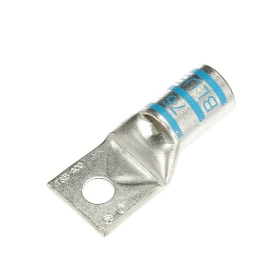Copper One-Hole Lug, Standard Barrel, Peep Hole, Max 35kV, Wire Size 400 kcmil, 1/2 Inch Bolt Size, Tin Plated, Die Color Code Blue, Die Code 76