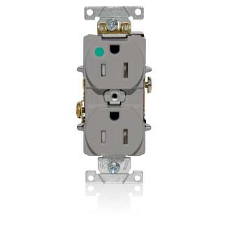 Duplex Receptacle, Tamper-resistant, Hospital Grade, 2-Pole 3-Wire Grounding, NEMA 5-15R, 15A-125V, Flat Face, Back And Side Wired, Gray. 1-piece Ground-Contractor Pack