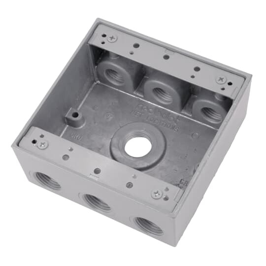 Two Gang Universal Weatherproof Box, 30.2 Cubic Inches, Hub Size 3/4 Inch, Silver, Aluminum, 7 Outlets with 3 on Top and Bottom and 1 on Back, Pack of 10