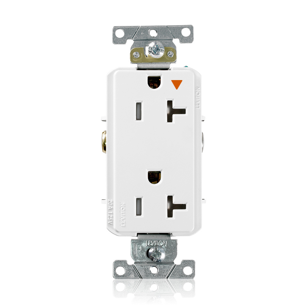 Decora Plus Duplex Receptacle, Tamper-Resistant, Isolated Ground, 2-Pole 3-Wire Grounding, NEMA 5-20R, 20A-125V   Back And Side Wired, White.  1-piece Ground.
