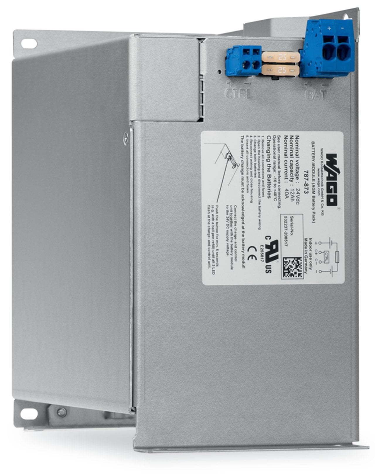Lead-acid AGM battery module; 24 VDC input voltage; 40 A output current; 12 Ah capacity; with battery control; 10,00 mm