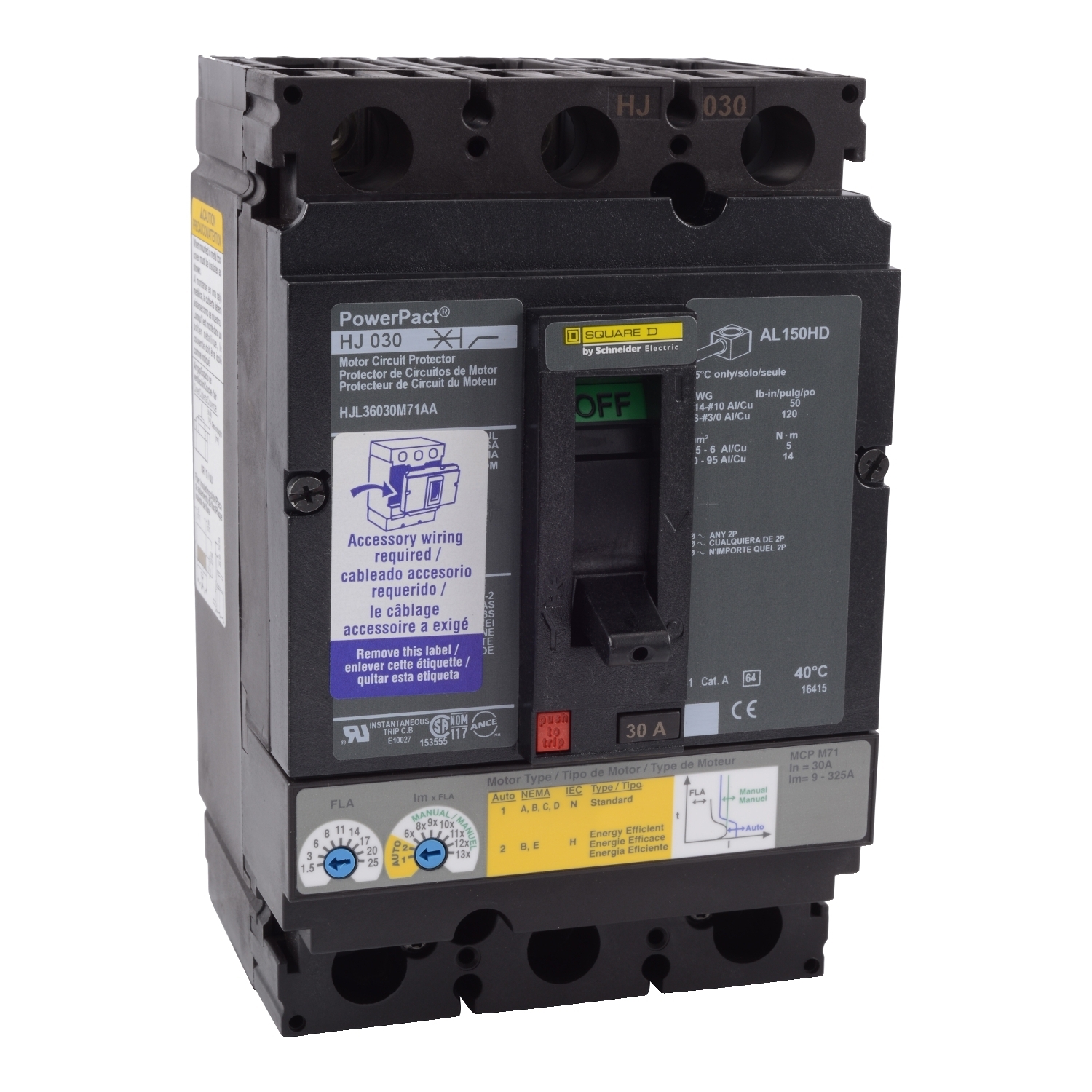 Motor circuit protector, PowerPacT H, 30A, 3 pole, 600VAC, 25kA, lugs, thermal magnetic, 80%, alarm switch