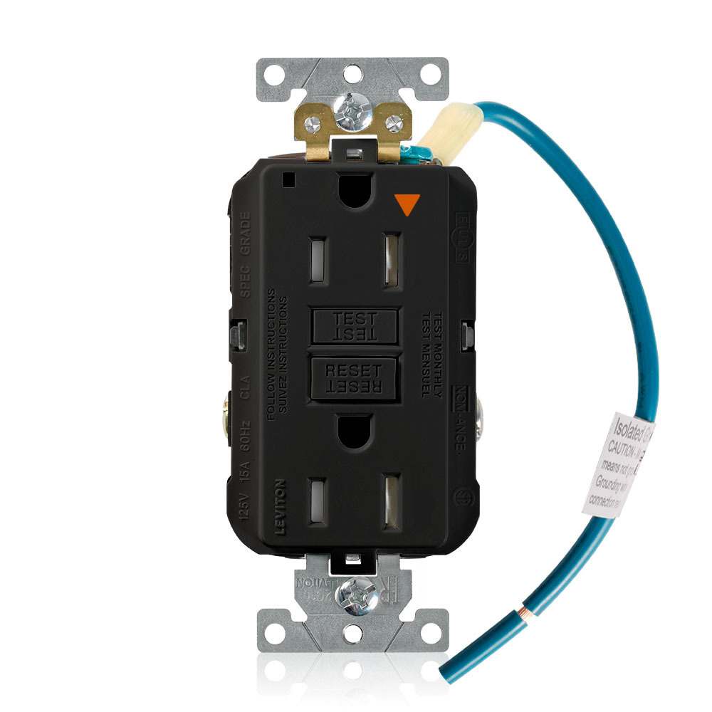 Self-Test, Isolated Ground, Tamper Resistant, Fed-Spec Slim GFCI Receptacle. NEMA 5-15R 15A-125V @ Receptacle, 15A-125V Feed-through, Lighted, Black, W/Black Test And Reset Button, With Mounting Screws, Washers, Instruction Sheets,