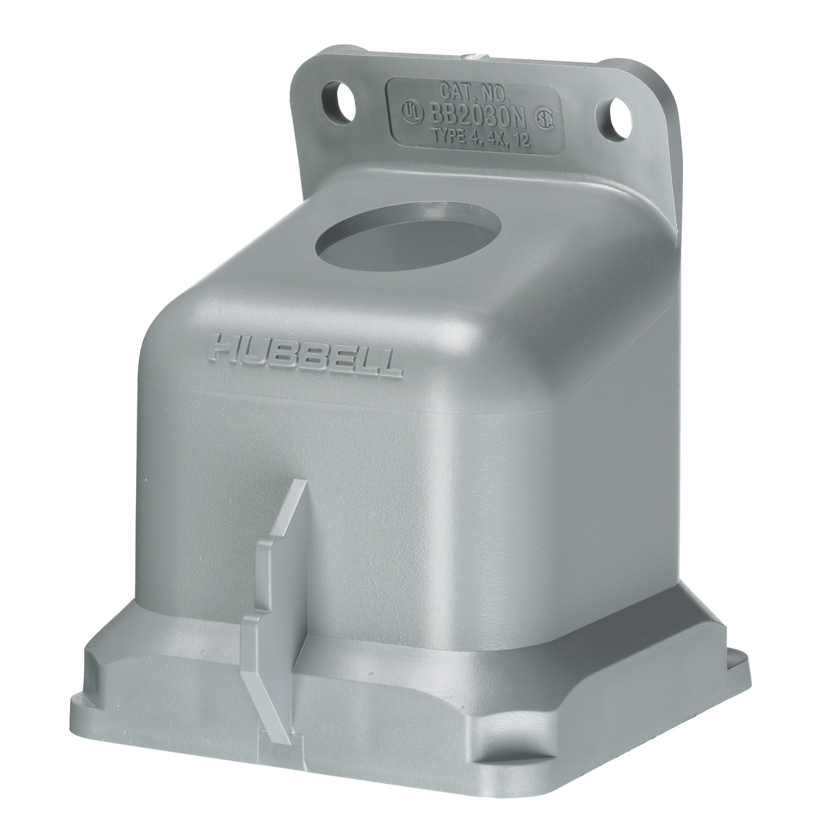 Heavy Duty Products, IEC Pin and Sleeve Devices, Industrial Grade, Accessory, Back Box, For 20A and 30A 3/4" NPT Hub, Angled, MountingScrews Included, Gray Non-Metallic