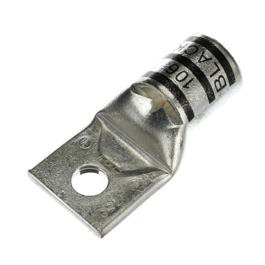 Copper One-Hole Lug, Standard Barrel, Peep Hole, Max 35kV, Wire Size 750 kcmil, 5/8 Inch Bolt Size, Tin Plated, Die Code 106, Die Color Code Black