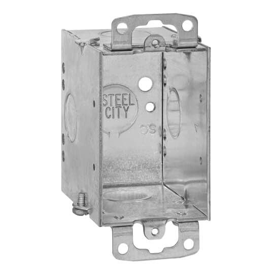 Gangable Switch Box, 14 Cubic Inches, 3 Inches Long x 2 Inches Wide x 2-3/4 Inches Deep, 1/2 Inch Knockouts, Pre-Galvanized Steel, Ears Flush for Old Work, For use with Conduit