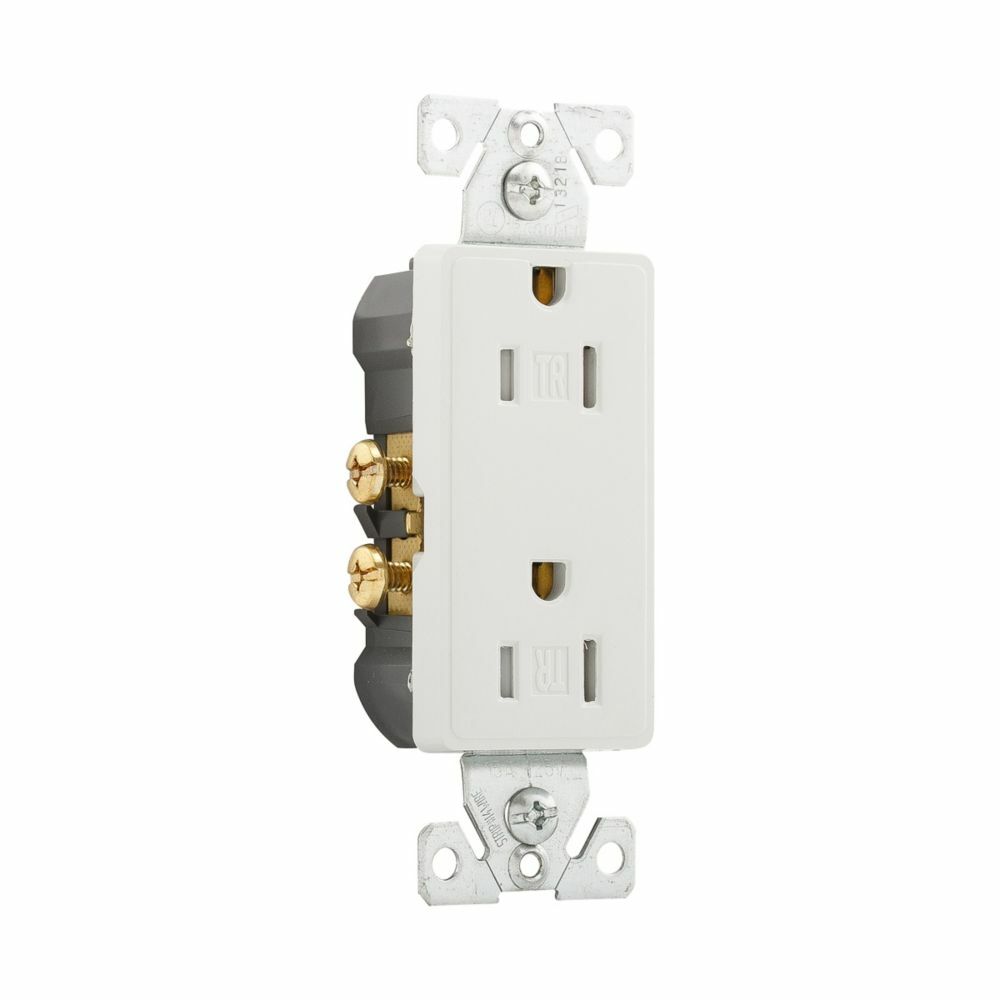Eaton ASPIRE residential grade decorator duplex receptacle,Tamper resistant,#14-10 AWG,15A,Flush,125V,Back and side,White satin,Brass,High-impact nylon face,Polycarbonate base,5-15R,Two-pole,Three-wire,Duplex,Screw,Thermoplastic,.