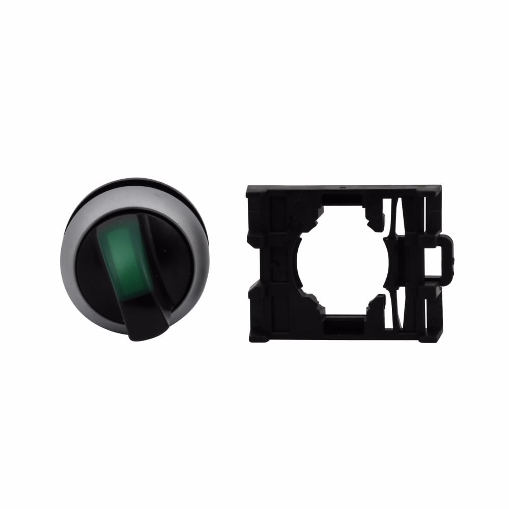 Eaton M22 modular pushbutton, M22 Modular Selector Switch Operator, 22.5 mm, Knob, Momentary, Illuminated, Bezel: Silver, Button: Green, IP66, NEMA 4X, 13, Two-position, Light 100,000 hours, Button 100,000 Operations