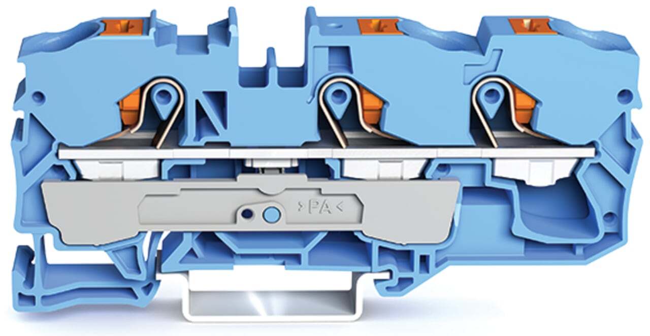 3-conductor through terminal block; with push-button; 10 mm; with test port; suitable for Ex i applications; side and center marking; for DIN-rail 35 x 15 and 35 x 7.5; Push-in CAGE CLAMP; 10,00 mm; blue
