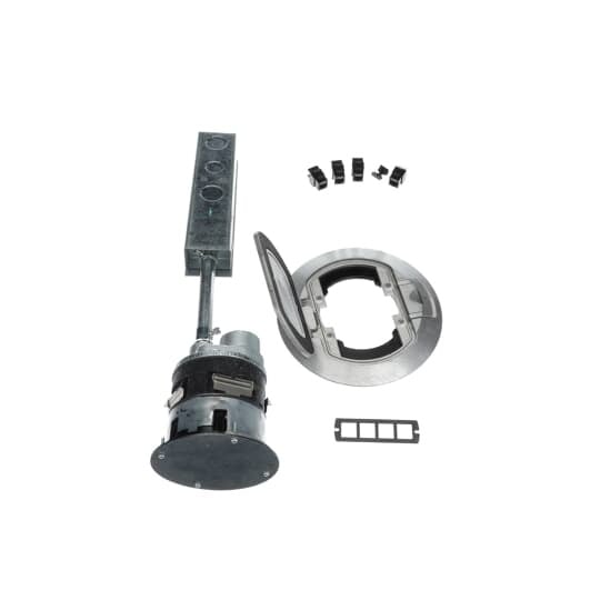 Poke-Through Base Unit, 4 Inch Drill Size, 19 Inch Length, Hub Size 1/2 Inch and 1 Inch, Galvanized Steel, with 4 20A Power Receptacles and 4 Cat-5e Data Jacks with Device Plates, Base with Aluminum Cover
