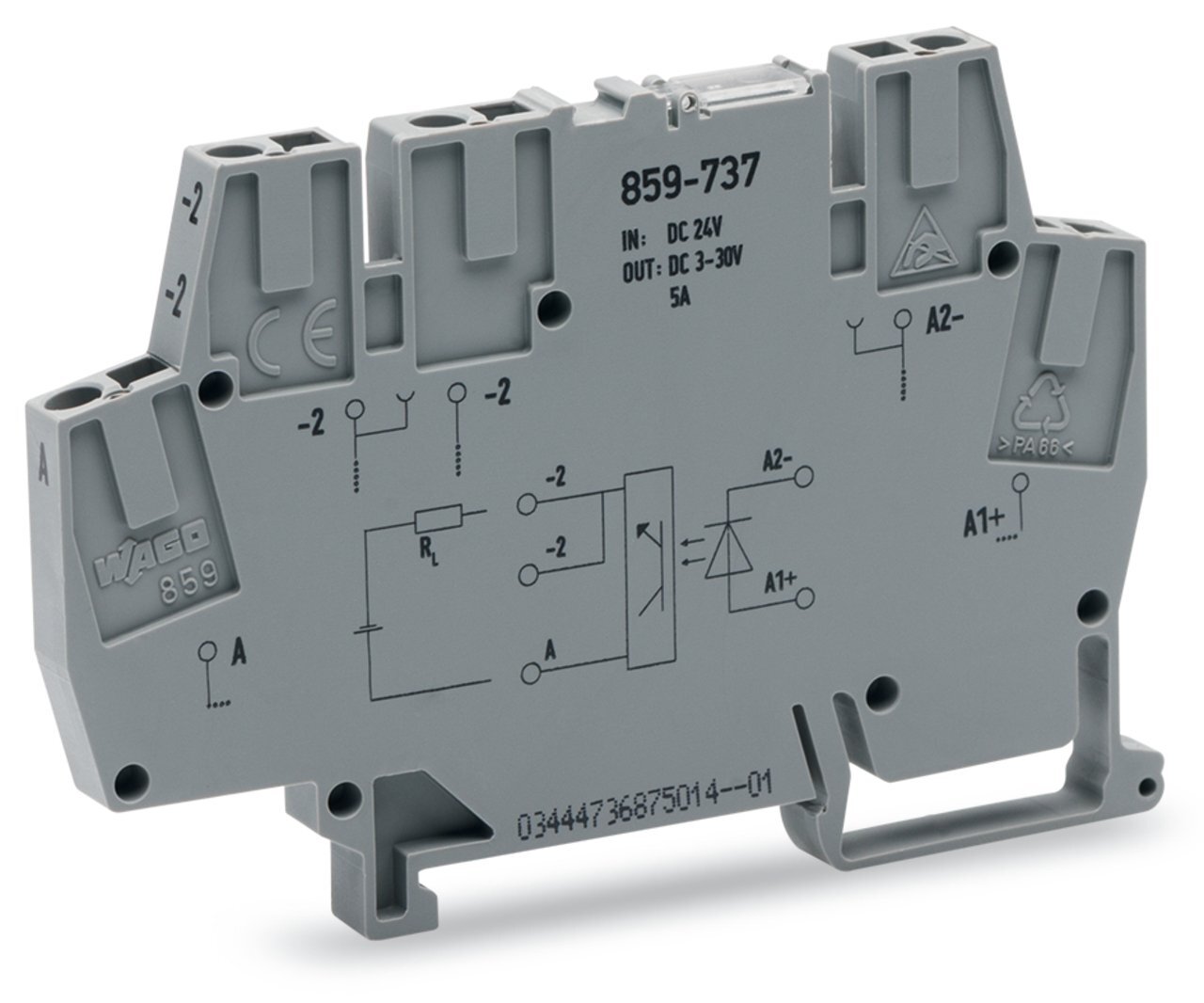 Optocoupler module; Nominal input voltage: 24 VDC; Output voltage range: 0  30 VDC; Limiting continuous current: 5 A; 2-wire connection; Red status indicator; Module width: 6 mm; gray