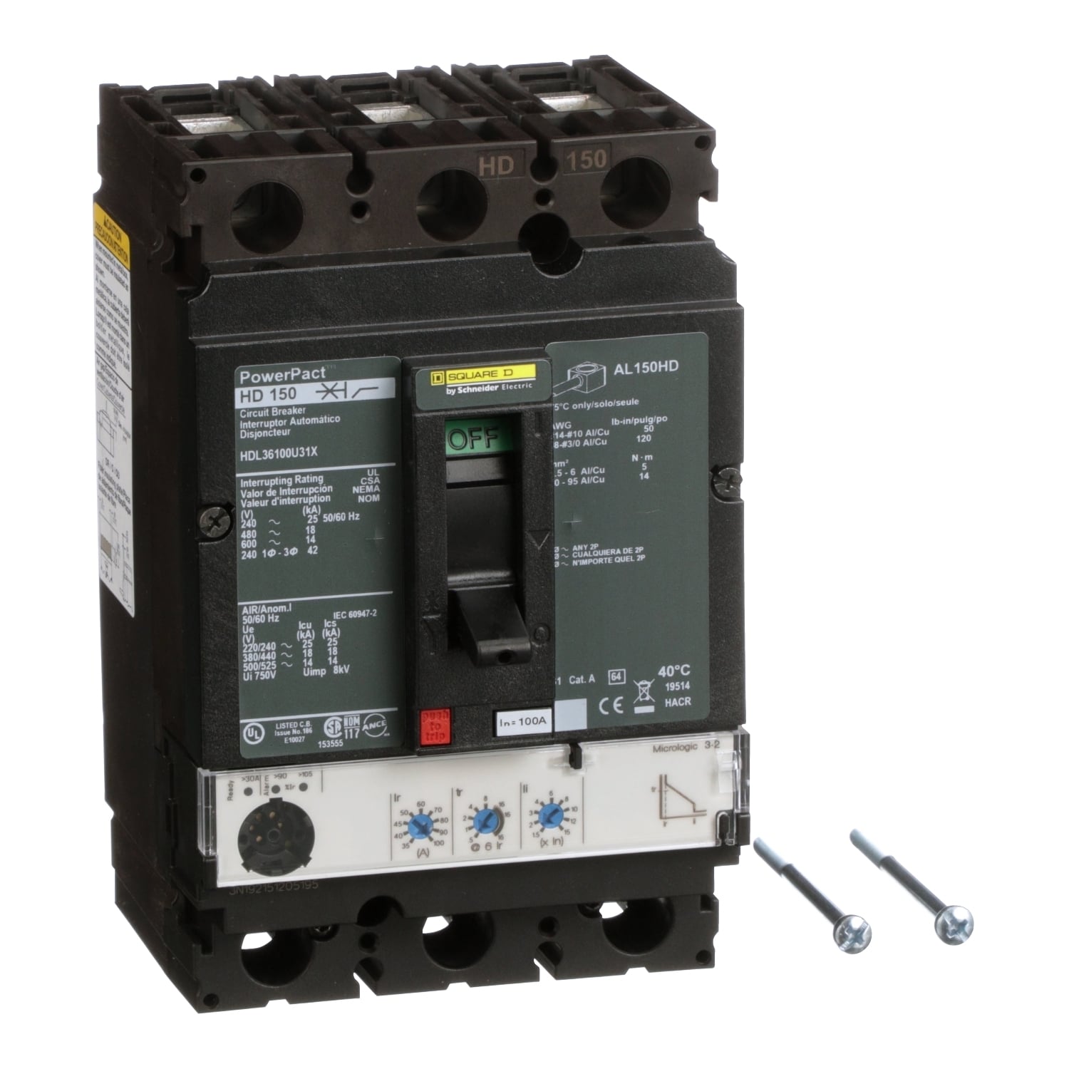 HDL36100U31X Molded Case Circuit Breaker, 100 Amp, 3 Pole, 600V