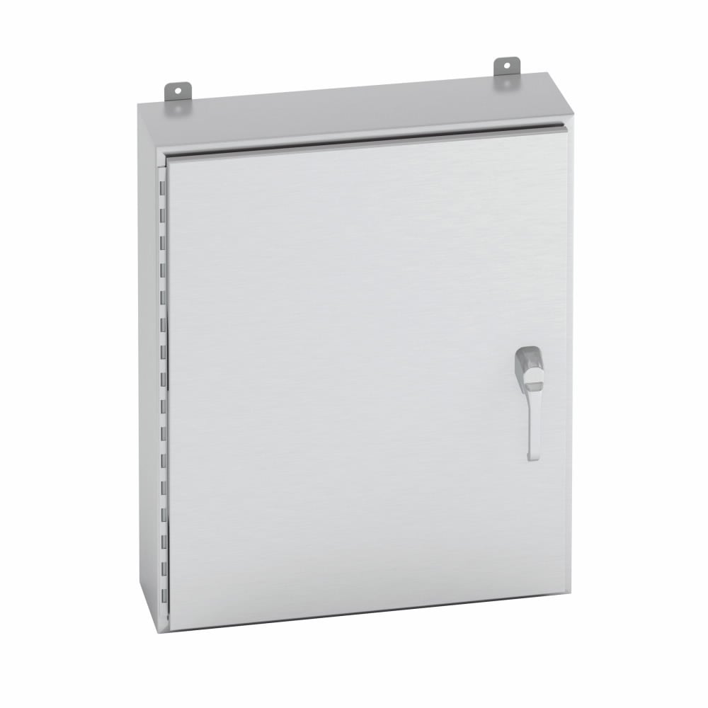 Eaton B-Line series wall mounted panel enclosure, 24" height, 12" length, 24" width, NEMA 4X, Hinged cover, 4XSS63PT enclosure, Wall mount, Medium single door, External mounting feet, 316 stainless steel, Seamless poured in-place gasket