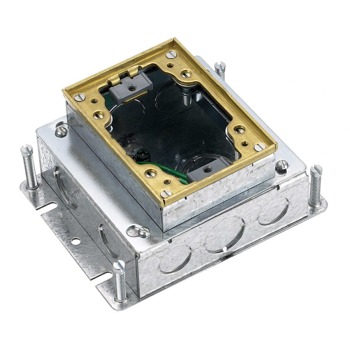 Flush Concrete Floor Box Series, 1-Gang, Rectangular, Galvanized Stamped Steel Box, Shallow, Fully Adjustable, Single Service, Brass Top