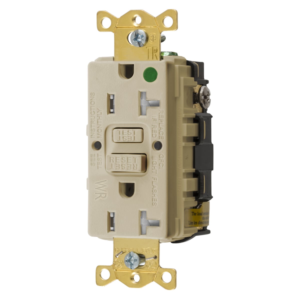 Straight Blade Devices, Receptacle, GFCI, Tamper and Weather Resistant, Commercial Hospital Grade, Self Test, 20A 125V, 2-Pole 3-Wire Grounding, 5-20R, Ivory