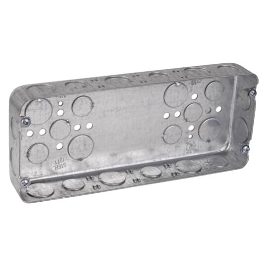 Four Gang Drawn Style Box, 70 Cubic Inches, 10-7/16 Inches Long x 4-1/2 Inches Wide x 1-5/8 Inches Deep, Drawn Construction with 1/2 Inch and 3/4 Inch Knockouts, For use with Conduit, with Conduit Knockouts