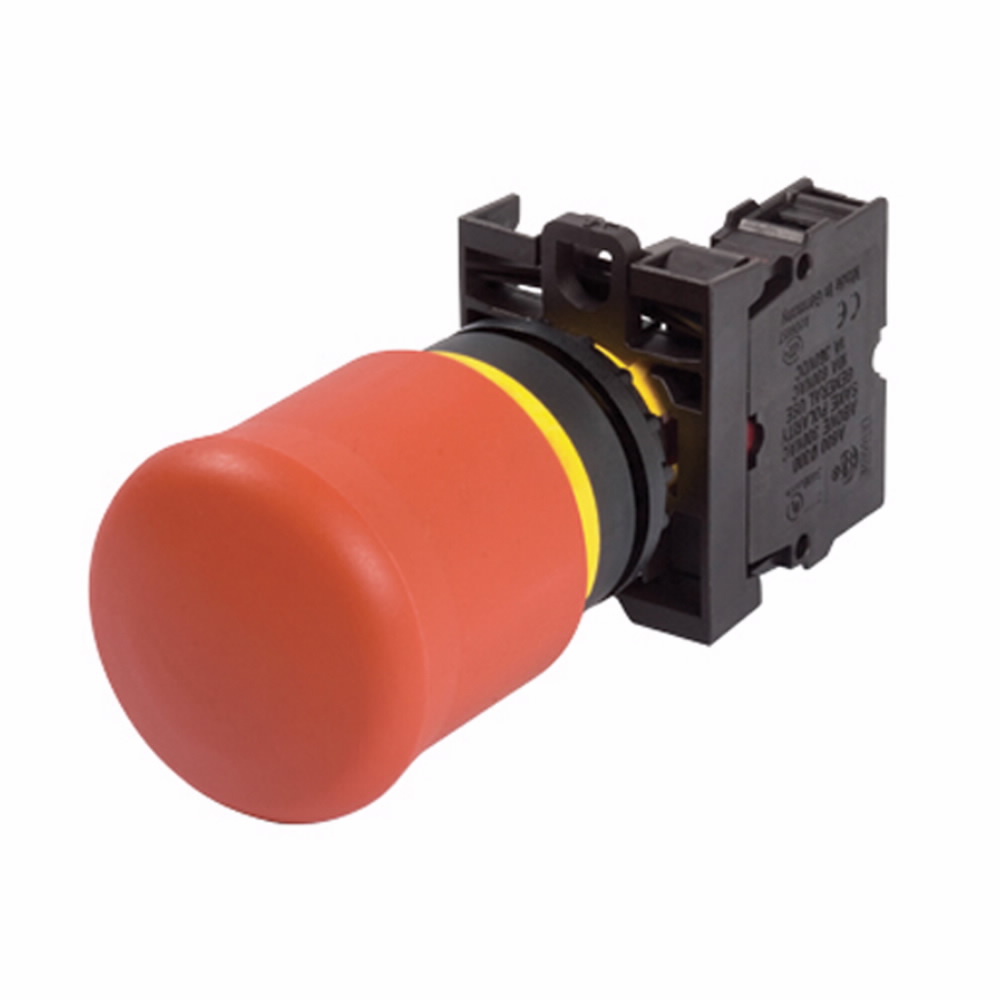 Eaton M22 modular pushbutton, Twist-To-Release Emergency Stop, Complete Device, 22.5 mm, Knob, Maintained, Non-illuminated, Bezel: Silver, Button: Red, 1NO-2NC, IP69K, IP67, NEMA 4X, 13