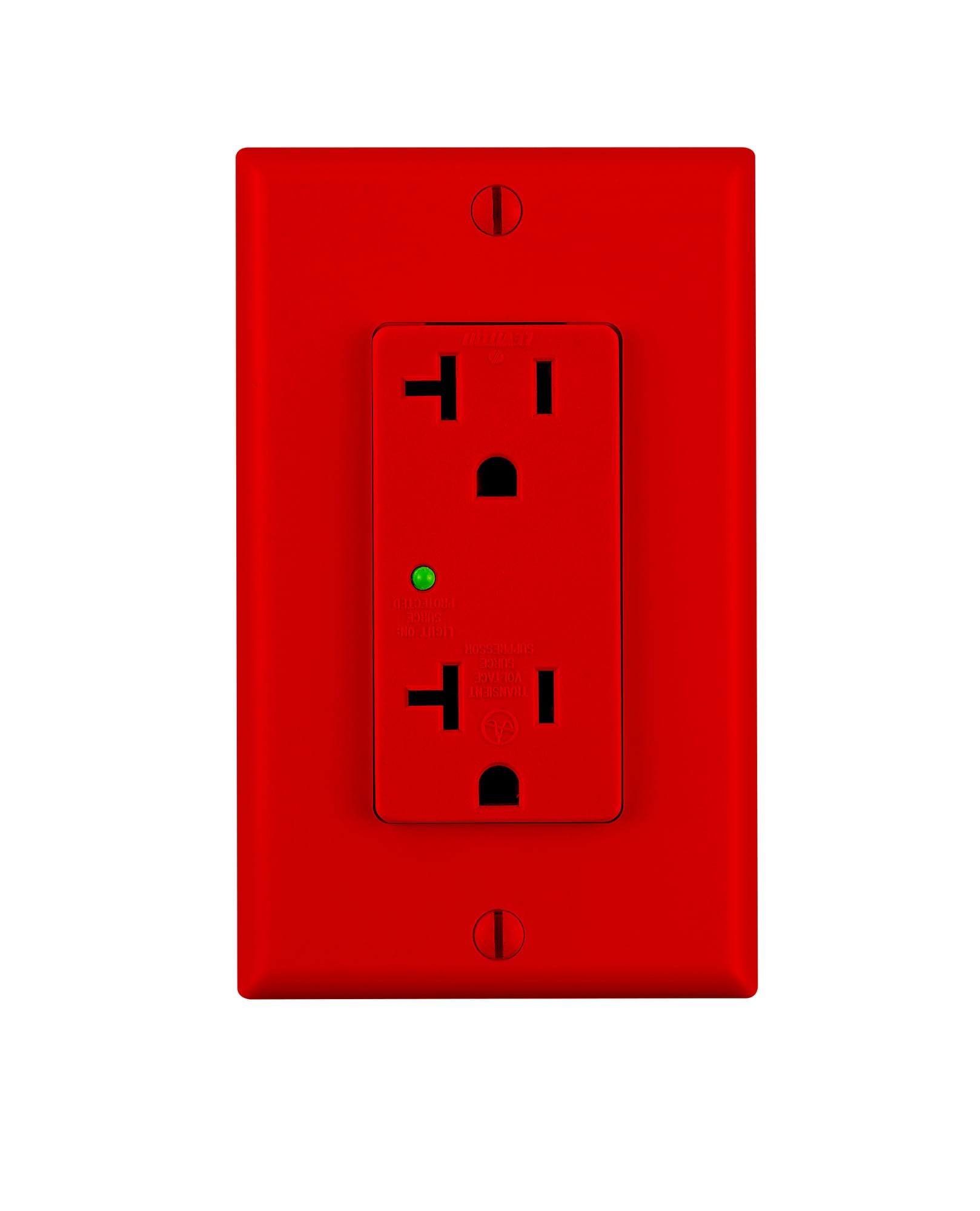20A 125V. Surge Suppressor Device. Duplex Receptacle. Commercial Specification Grade. Non-alarmed. Back and Side Wired. Clamping L-N. L-G. N-G 500/600/600V. Type 3 3kA In. Listed To UL 1449 3rd Edition. - Red