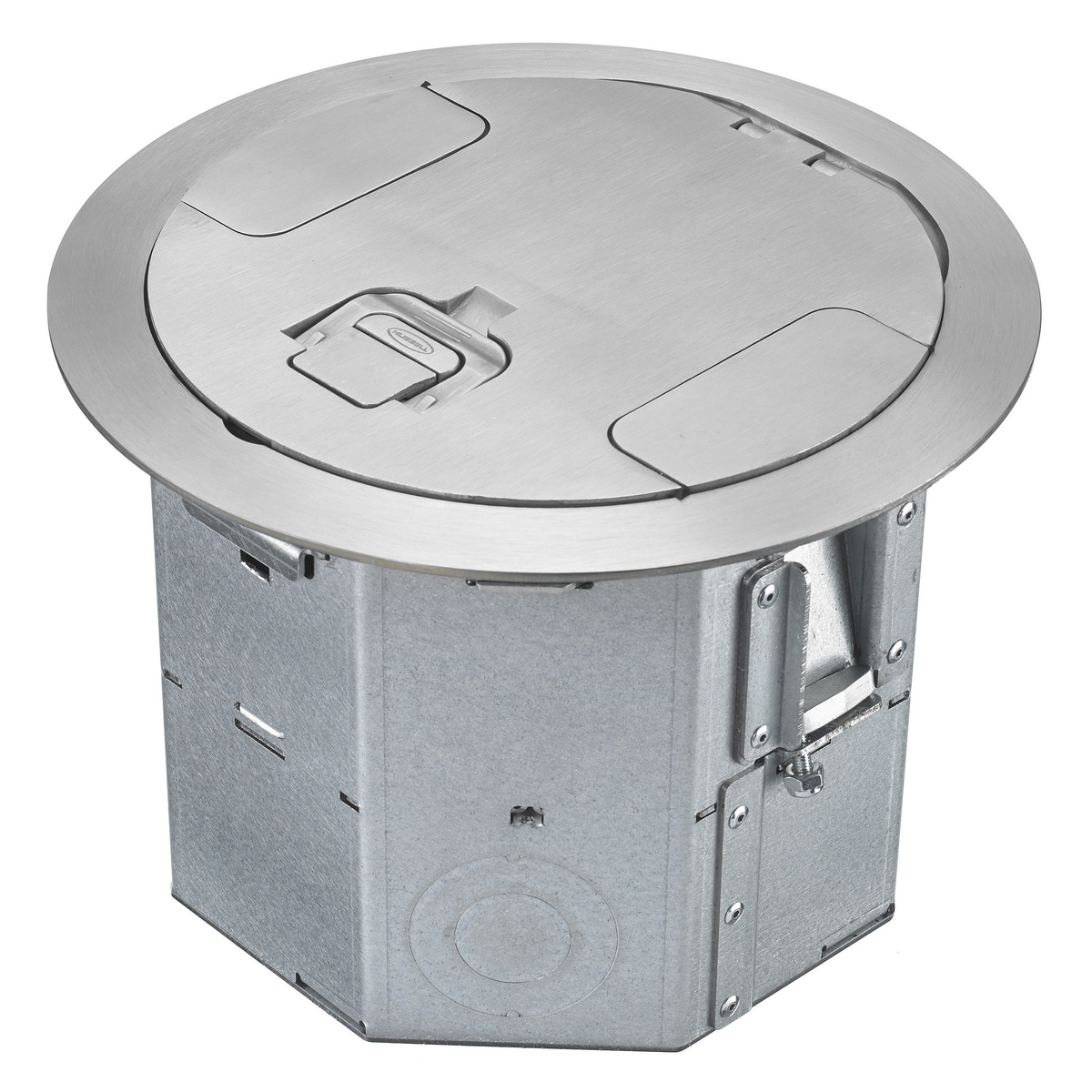 Raised Access or Wood Floorboxes, Galvanized Stamped Steel Box, Recessed, 4-Gang RAFB Series, 6.47" Deep Round Box with CFBS1R8CVRALU Brushed Aluminum Cover