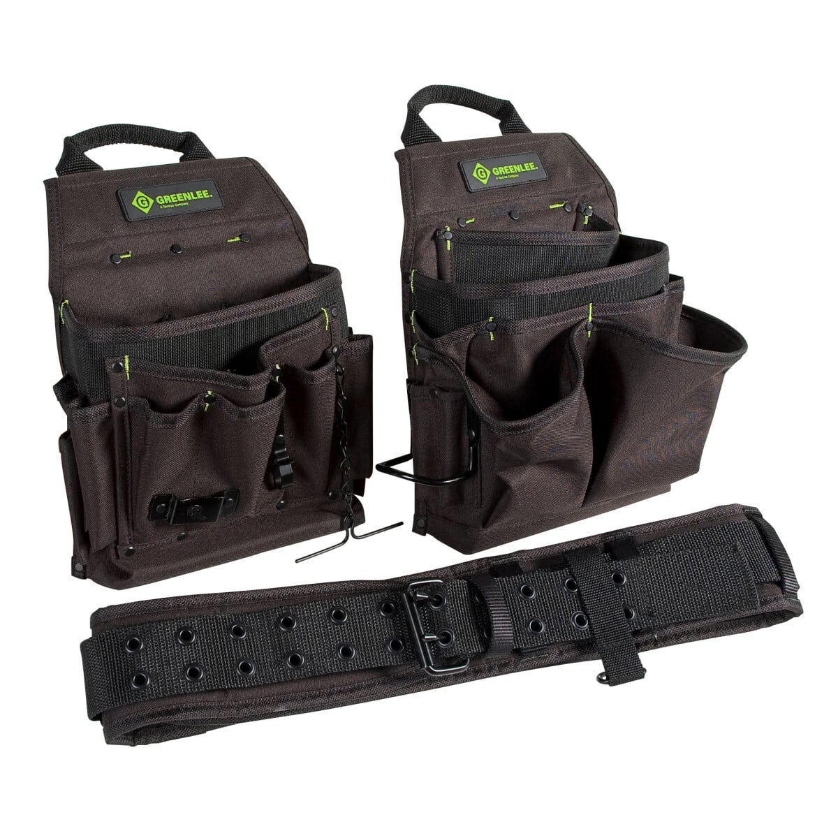 Pouch handles allow for easy carrying and storage without spilling tools.  Design features two versatile pouches that are removable and interchangeable.  3" padded belt features foam core padding for extra comfort and support of heavy tools.  Double layer heavy-duty fabric for durability.  Will not rot, crack or mildew.  Cordless drill holster. Includes electrician's metal tape chain, hammer loop and tool clip for convenience.  Made to fit 29" - 46" waist.