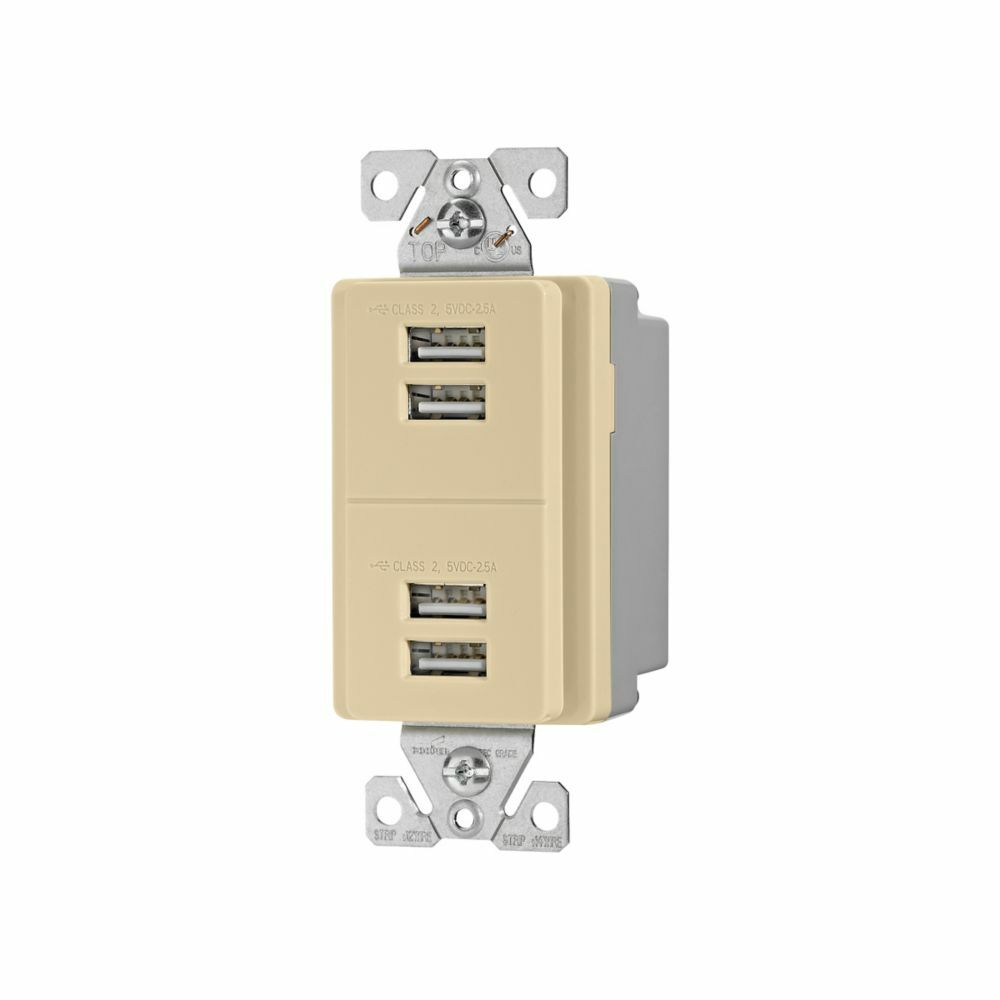 Eaton USB multiport charging station, Corrosion resistant, 5A, Flush mount, 5V, Wire leads, Ivory, Two-pole, three-wire, grounding, Decorator, Thermoplastic
