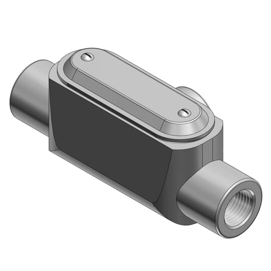 1-1/2 Inch Form 7 (T) Pre-Assembled Conduit Body, Cover and Gasket, Body Material Gray Iron/Zinc Plating and Baked On Epoxy Powder Coat with BlueKote Internal Coating, Cover Material and Finish Stamped Steel/Zinc Plating, Neoprene Gasket