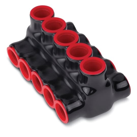 AMT 4 Multi-Port Both Sides PVC Connector, Ultraviolet Resistant, Wire Range 350 kcmil-6 Str, Length 4.26 Inches, Width 3.0 Inches, Height 2.5 Inches, Hex Size 3/8 Inch, Black Insulation