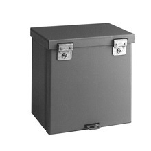 Type 3/3R junction boxes, 10" height, 12" length, 14" width, NEMA 3R, Hinged cover, RTHC NK enclosure, Surface mounted, Small single door, No knockout, Embossed thru holes, Carbon steel