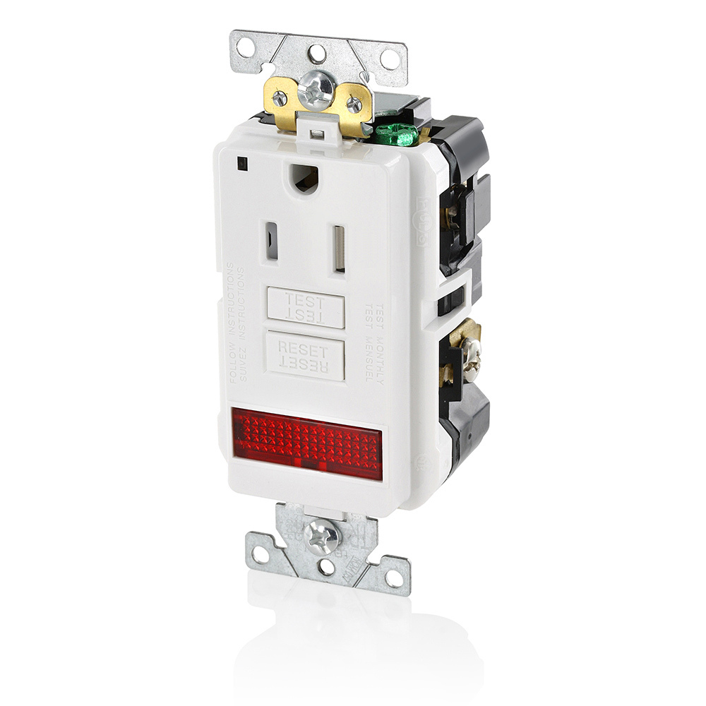 15 Amp, 125 Volt, SmartlockPro Single Self-Test GFCI Receptacle with LED Pilot Light, NEMA 5-15R, 2P, 3W, Extra-Heavy Duty Industrial Grade, Tamper-Resistant, 20A Feed-Through, Back or Side Wired - WHITE