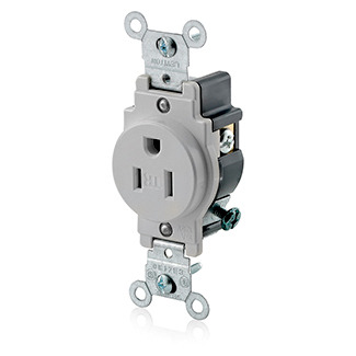 Commercial Grade, Grounding, 15 Amp, 125 Volt, 2P, 3W, Narrow Body Single Receptacle, Straight Blade, Tamper Resistant, Gray