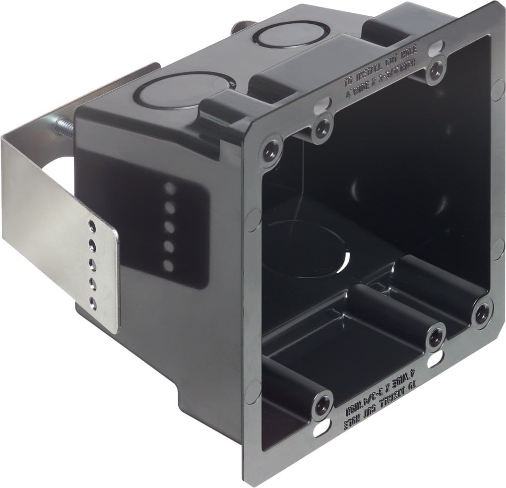 Non Metallic 4x4 box for retrofit construction. Screw hole patterns for 4x4 and two gang devices. Color Black. 27.5 cu. in. 2 Hour Fire Rating.6 lb rating for Walls, 10lb rating for ceilings.