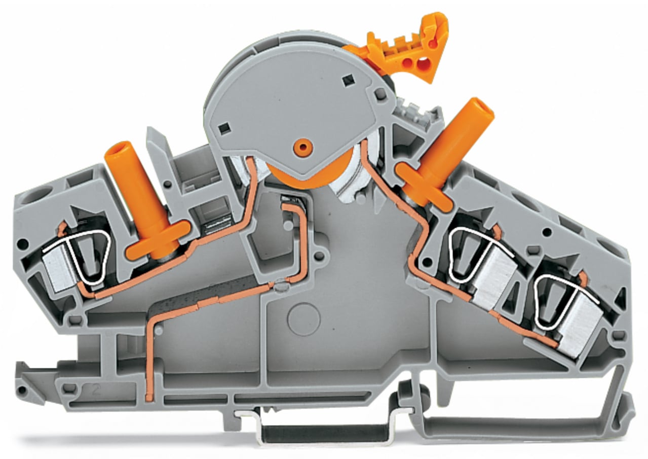 3-conductor disconnect/test terminal block; e.g., current transformer circuits; with touch-proof test sockets; for 4 mm  test plugs; for DIN-rail 35 x 15 and 35 x 7.5; 6 mm; CAGE CLAMP; 6,00 mm; gray