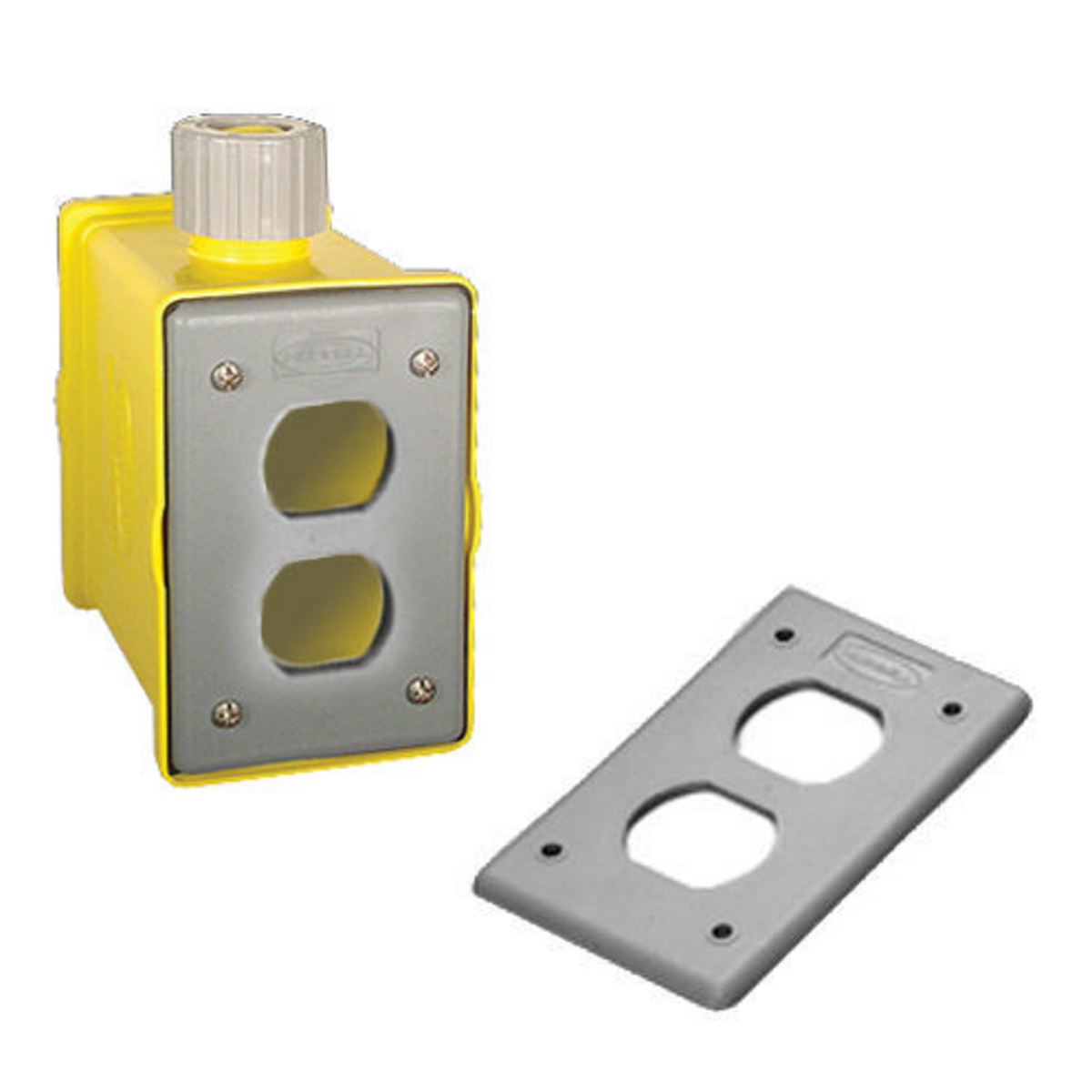 Temporary Power Products, Portable Outlet Boxes, Boxes and Plates, Box with Strain Relief, 1-Gang Front and Back, Yellow Non-Metallic, Furnished with 2) Gray Duplex Plates