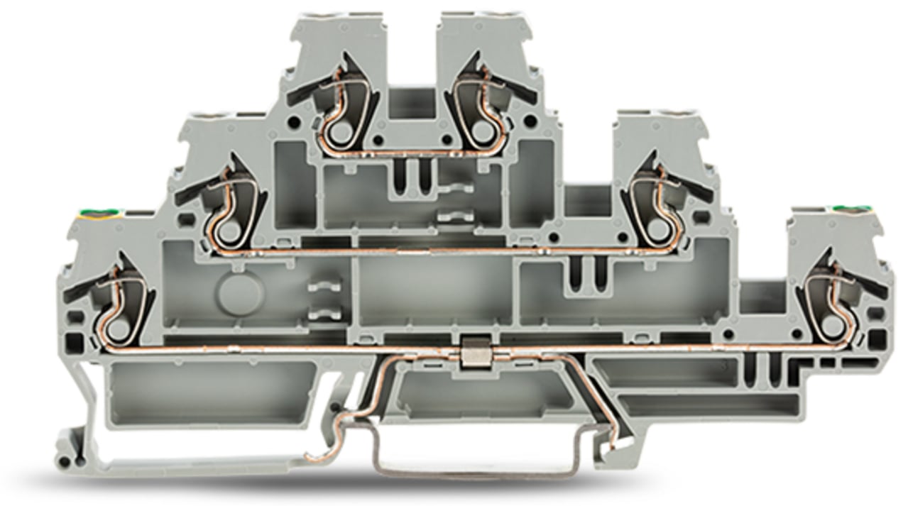 Triple-deck terminal block; Ground conductor/through/through terminal block; 2.5 mm; PE/L/L; without marker carrier; for DIN-rail 35 x 15 and 35 x 7.5; CAGE CLAMP; 2,50 mm; gray