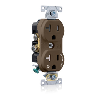 Tamper Resistant Duplex Receptacle, 2-Pole 3-Wire, NEMA 5-20R, 20A-125, Brown, Back And Side Wired, Commercial Spec Grade, Hot Terminal Split W/1 Plug Controlled Markings Universal Marking Orientation