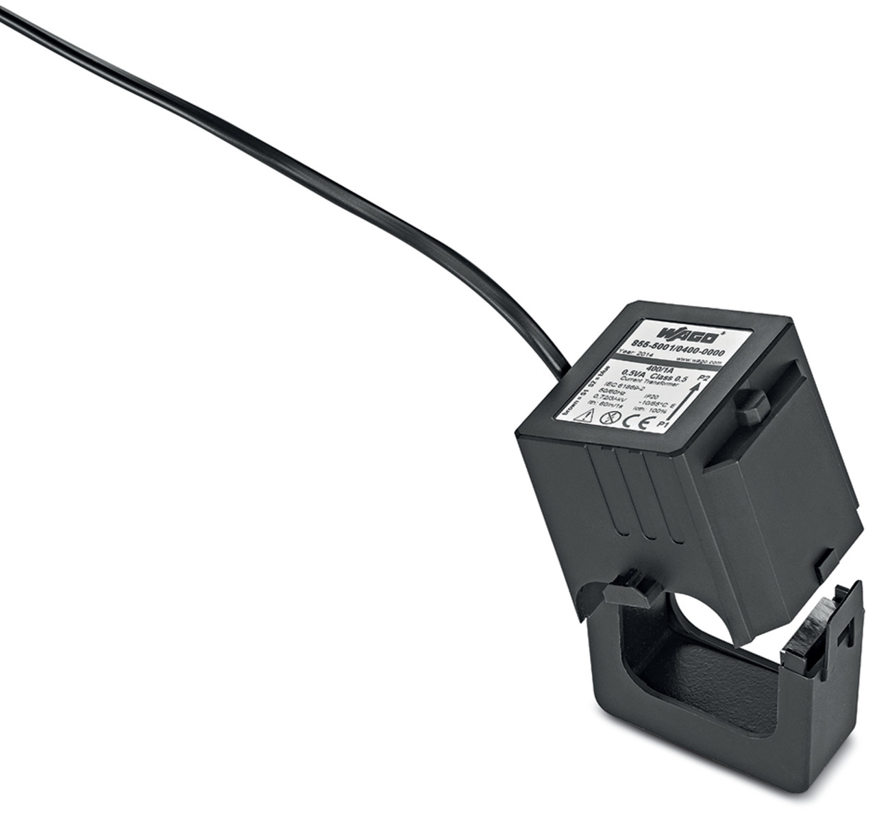 Split-core current transformer; Primary rated current: 400 A; Secondary rated current: 1 A; Rated power: 0.5 VA; Accuracy class: 0.5; Cable length: 5 m